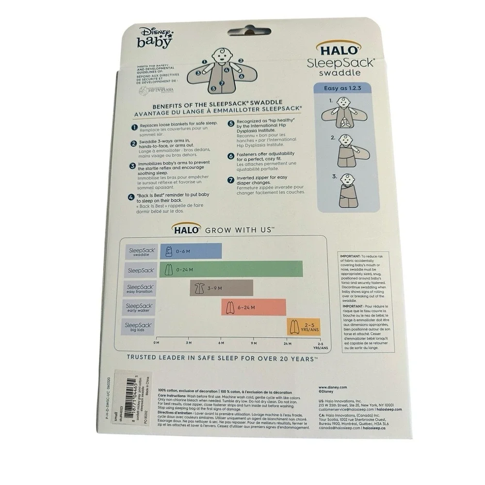 HALO SleepSack® Swaddle 100% Cotton‎ Disney Baby Mickey Gray Sz Small NEW